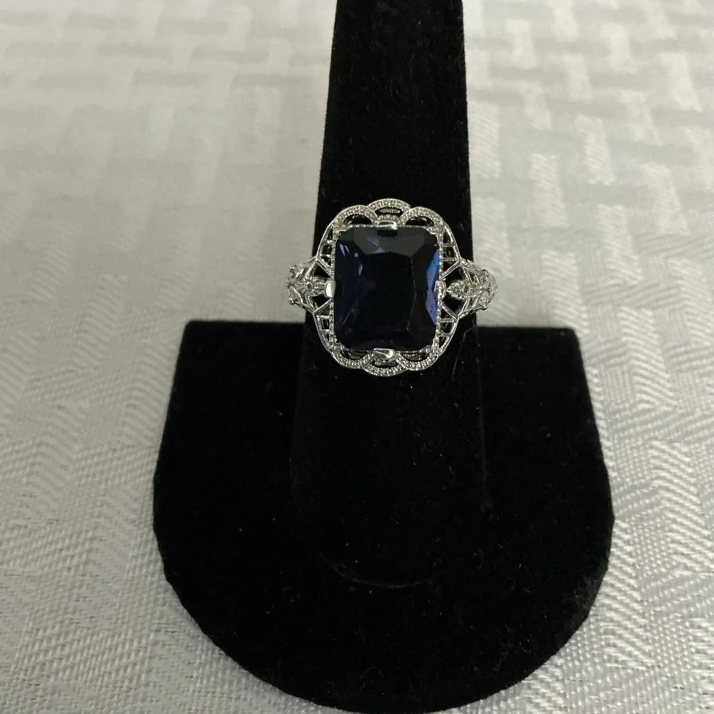 Rhinestone and Lab Created Sapphire Silver Tone Ring
